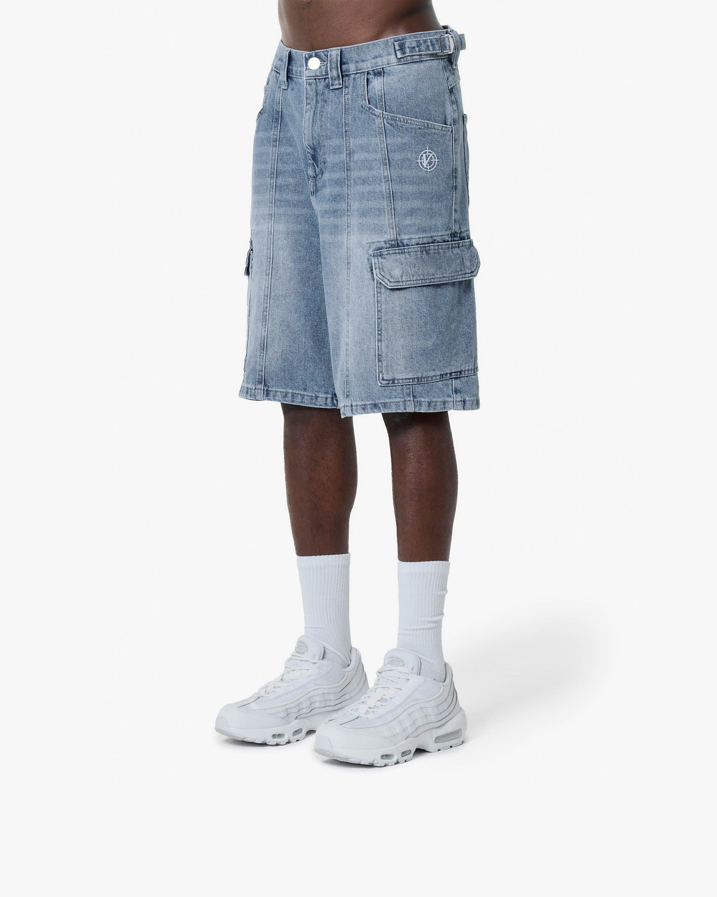 BLUE WASHED DENIM CARGO JORTS - Image 3