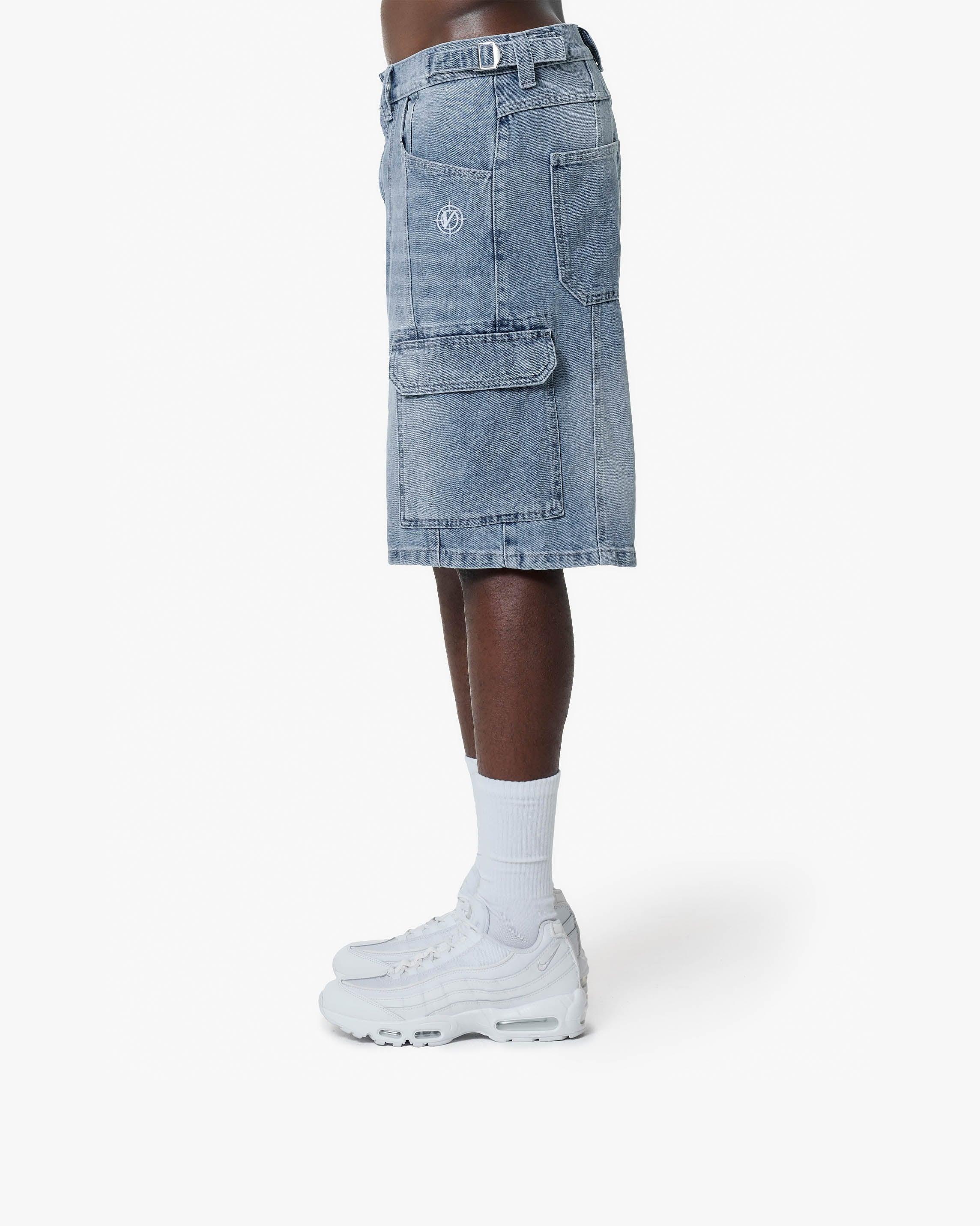 BLUE WASHED DENIM CARGO JORTS - Image 4
